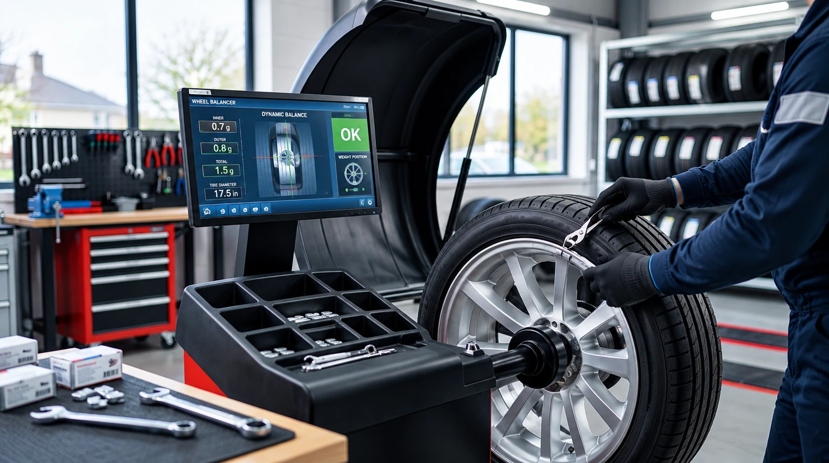 Technician balancing a wheel with workshop equipment